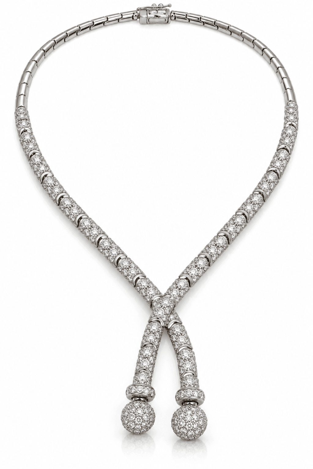 Estate Recarlo 18KW Lariat necklace approx 4.50CTW F/G SI natural diamonds. 15" 50.43 grams, with pavé diamond tassel drops