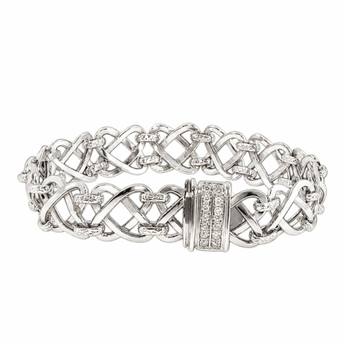 Vintage Italian 14K White Gold Interwoven Infinity Link Bracelet with Diamond Clasp 7.5"