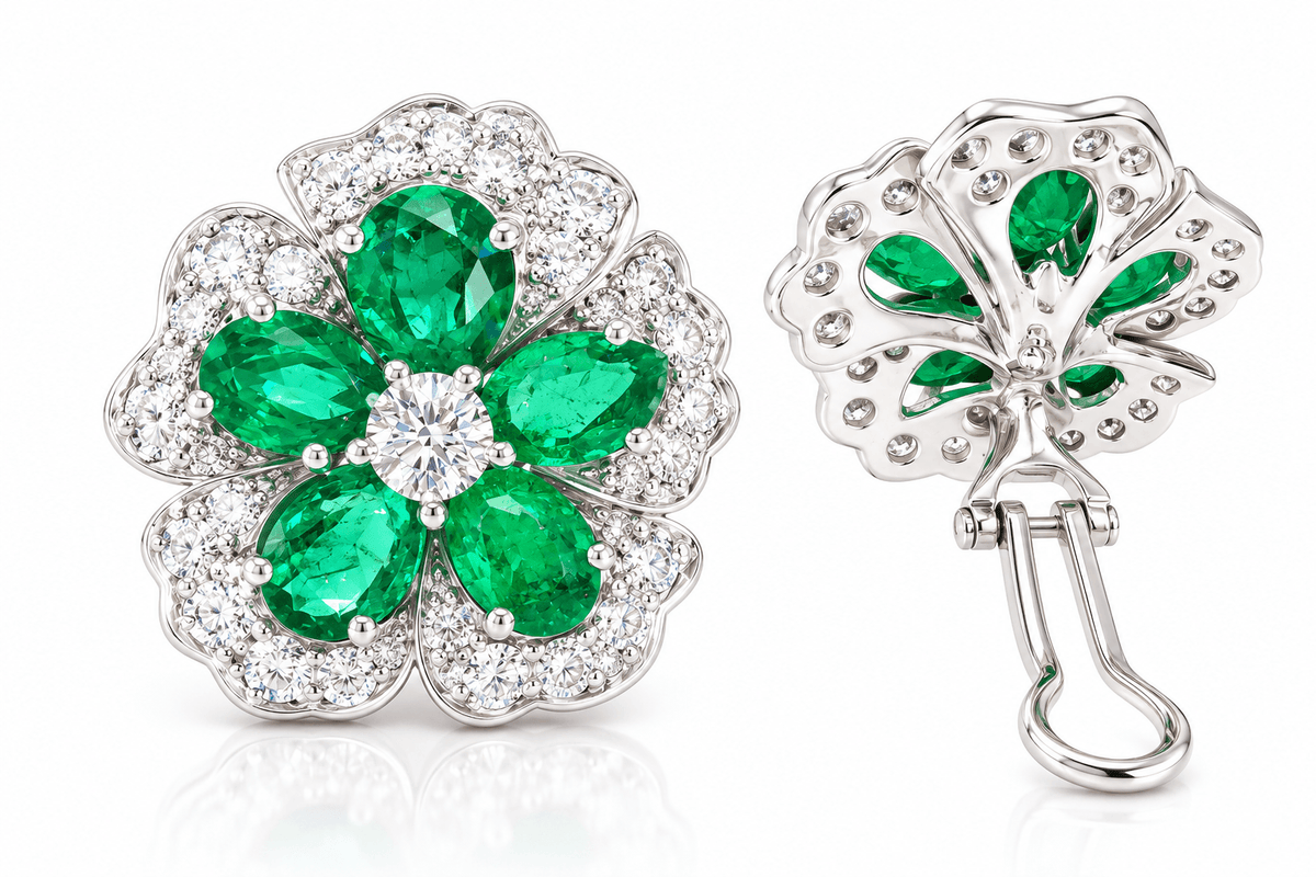 Estate 18KW Emerald & Diamond Floral Earrings 10xEM 6.40ctw 62XDIA 4ctw