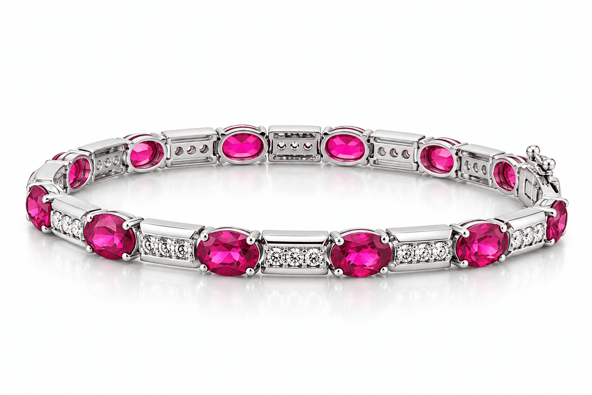 Estate 14K White Gold Pink Tourmaline & Natural Diamond Tennis Bracelet, 7.25 Inches