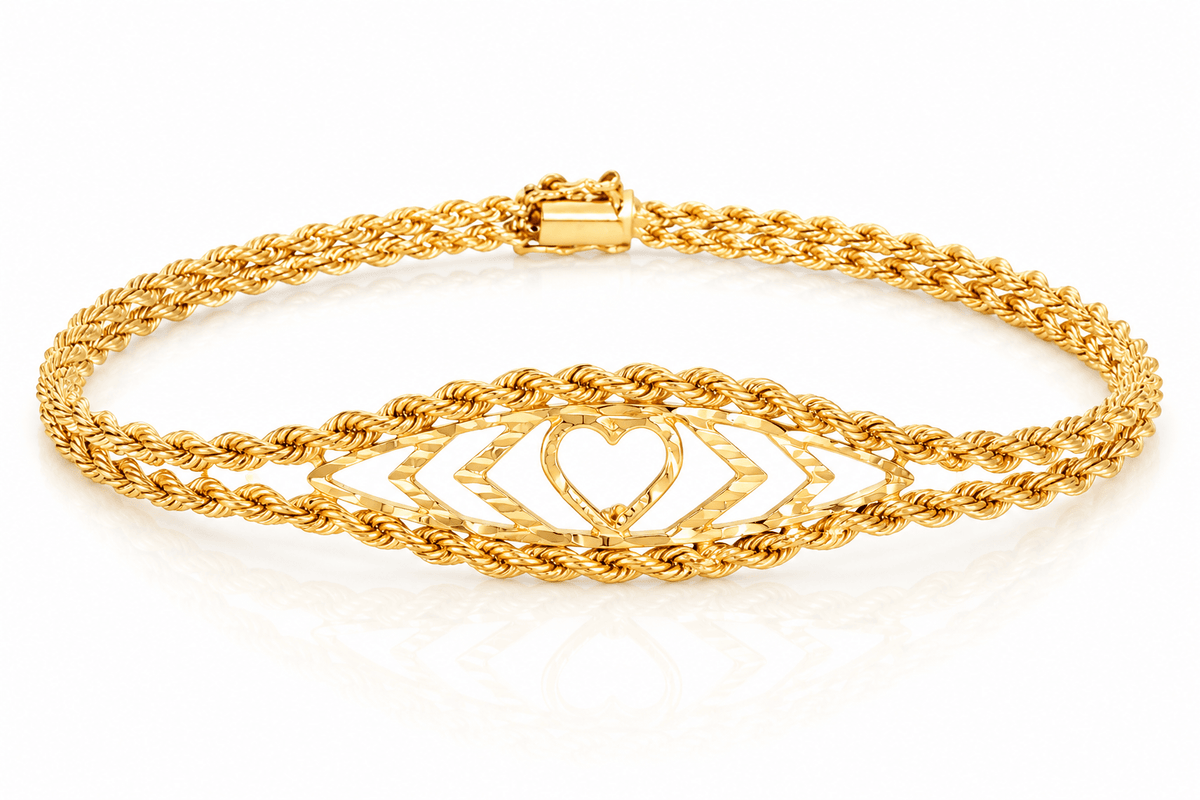 Vintage 14K Yellow Gold Rope Chain Heart Bracelet | 7.25"
