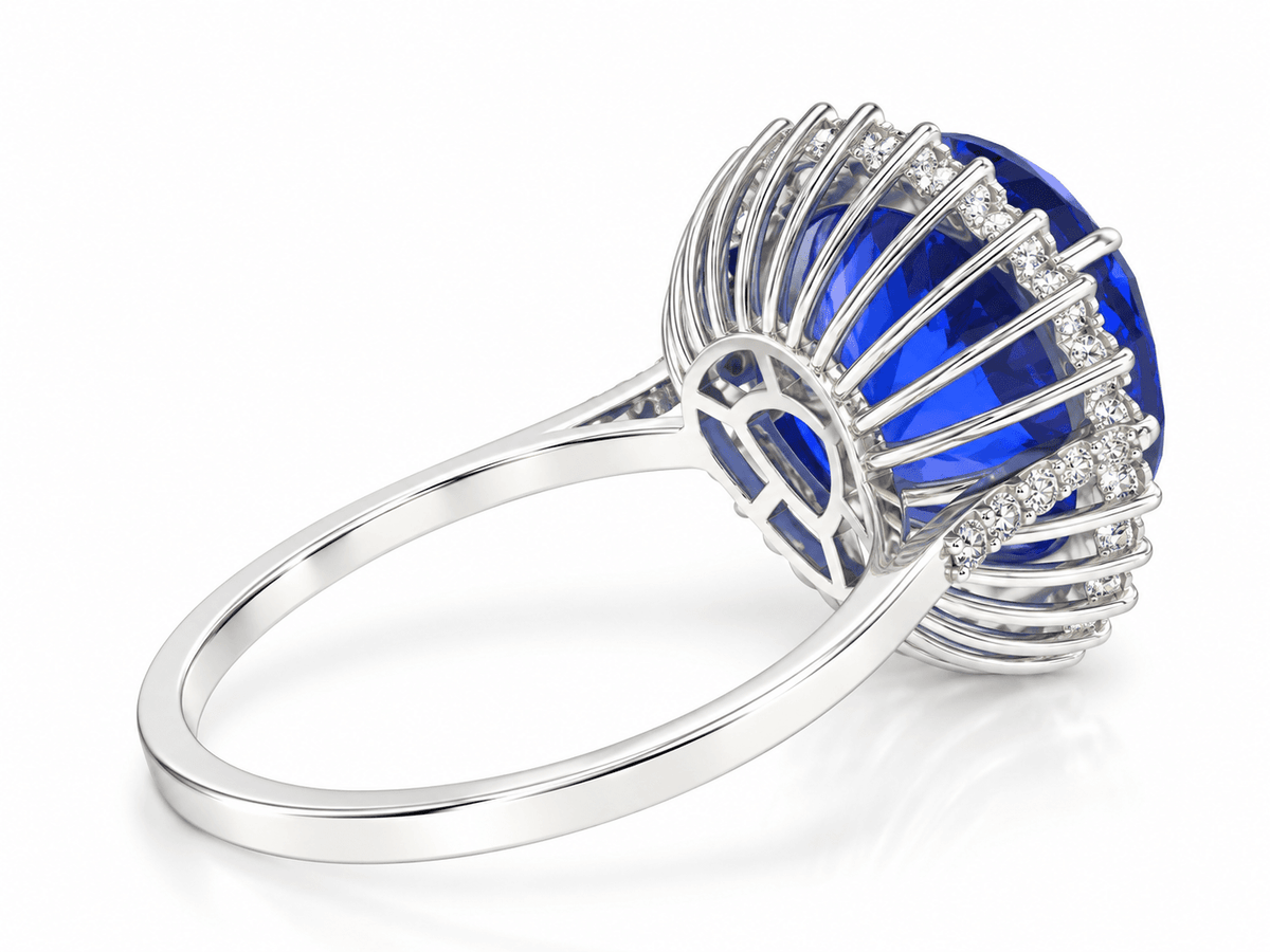 Estate 7.31 Carat Pear Shape Tanzanite & Diamond Halo Ring in 18K White Gold