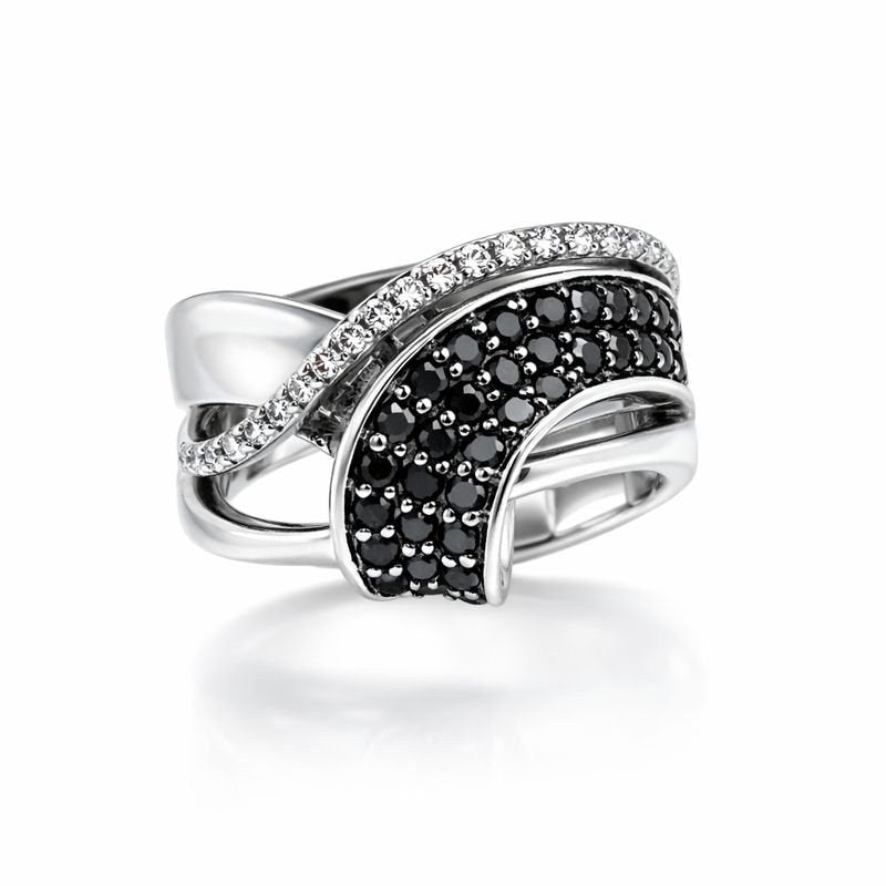 LeVian crossover ring with black and white diamonds in 14kt white gold