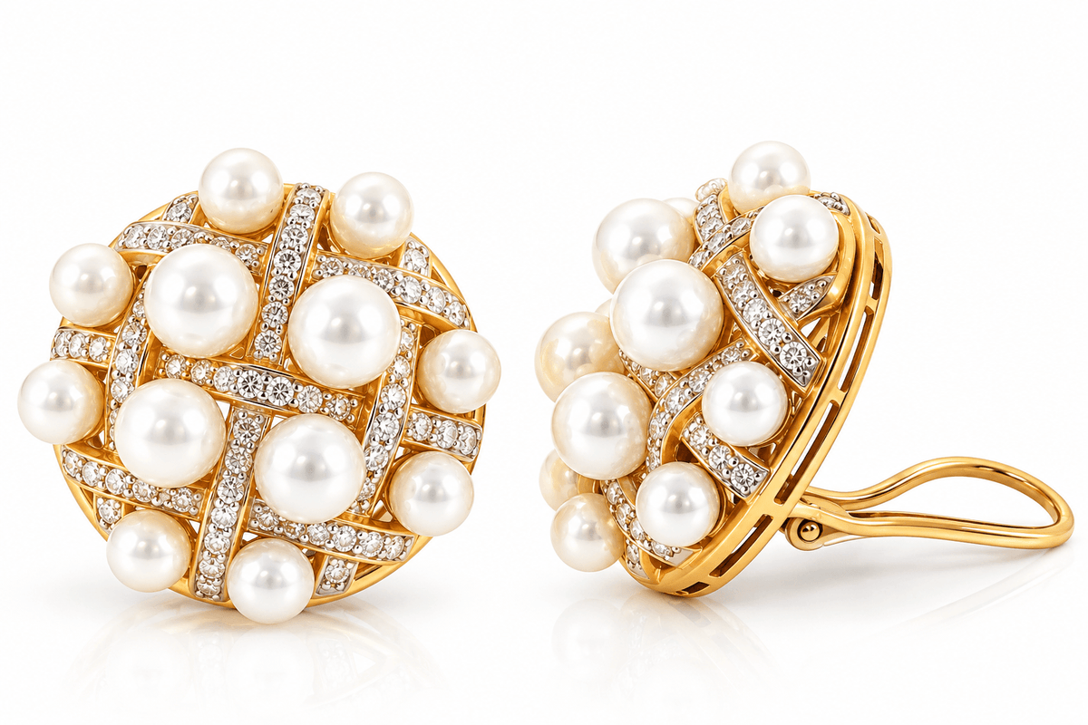 Estate 18K Yellow Gold Akoya Cultured Pearl & 5.40 CTW Diamond Clip Back Earrings | 30mm