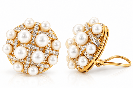 Estate 18K Yellow Gold Akoya Cultured Pearl & 5.40 CTW Diamond Clip Back Earrings | 30mm