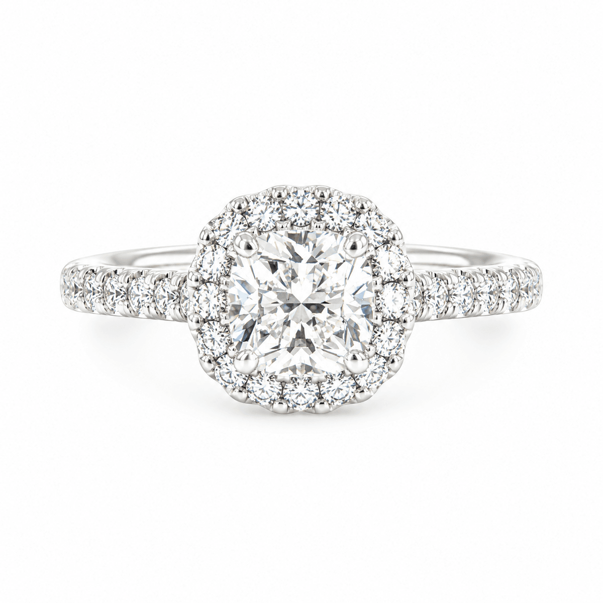 0.76ct G VS2 Natural True 8-Main Cushion Brilliant Diamond Kimberly Halo Engagement Ring in 18K Palladium White Gold