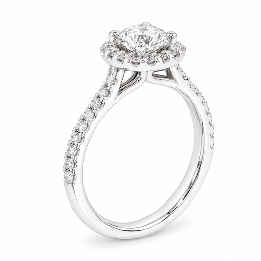 0.76ct G VS2 Natural True 8-Main Cushion Brilliant Diamond Kimberly Halo Engagement Ring in 18K Palladium White Gold