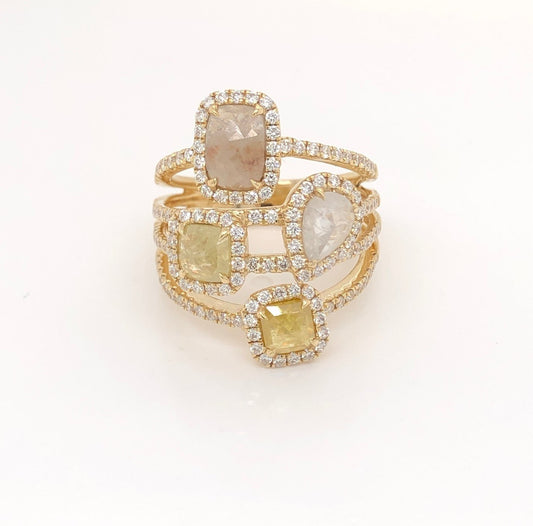 Rustic fancy color diamond ring in 14kt yellow gold