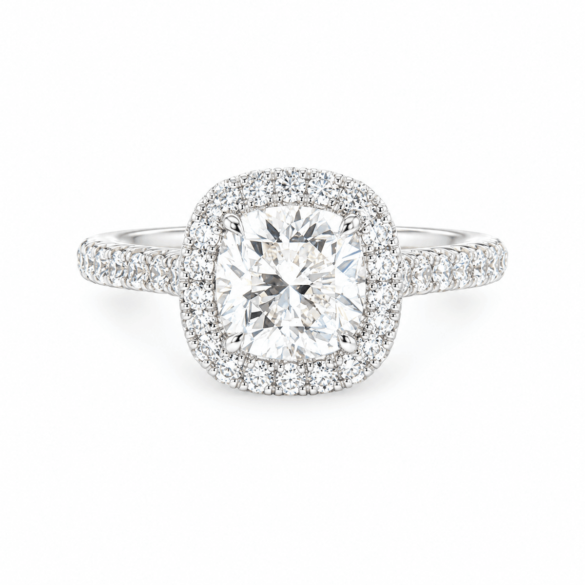 1.03ct H VS2 Natural True 8-Main Cushion Brilliant Diamond Hand-Made Halo Engagement Ring in 18K White Gold
