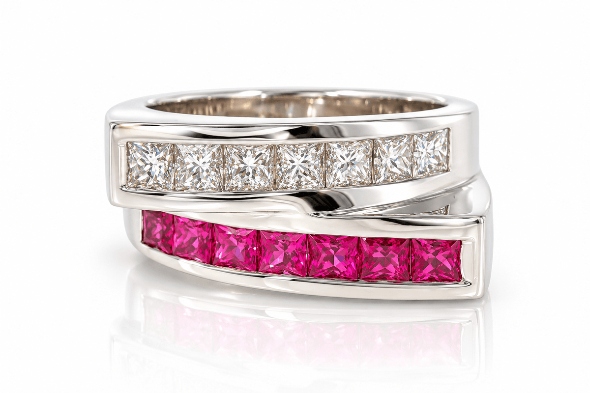 Estate 18K White Gold Natural Pink Sapphire & Diamond Crossover Ring | 1.40 CTW
