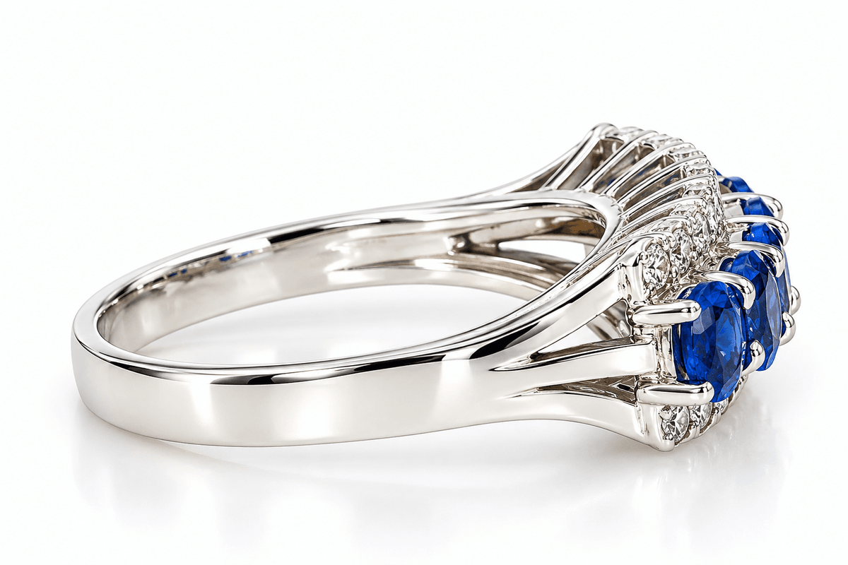Estate 14K White Gold 1.54ctw Blue Sapphire & Diamond Three-Row Ring