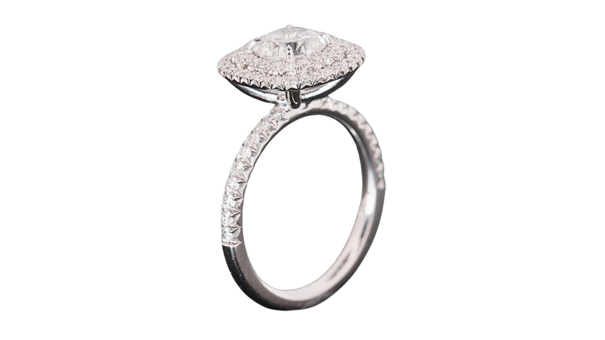 Double halo diamond ring, side view