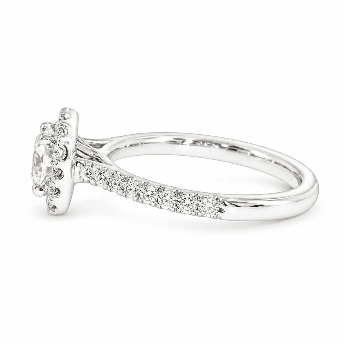 0.76ct G VS2 Natural True 8-Main Cushion Brilliant Diamond Kimberly Halo Engagement Ring in 18K Palladium White Gold