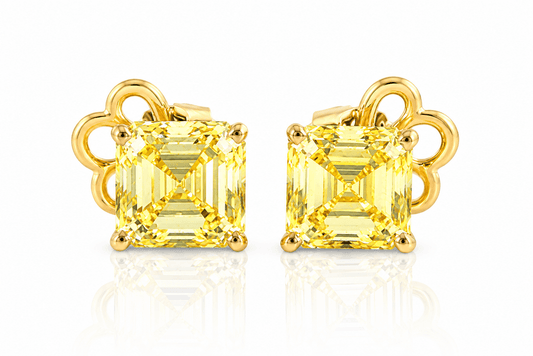 18KY 7.00 CTW Fancy Vivid/Intense Yellow Lab Grown Asscher Cut Diamond Stud Earrings | IGI Graded