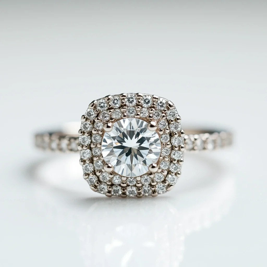 Double halo diamond ring, detail view