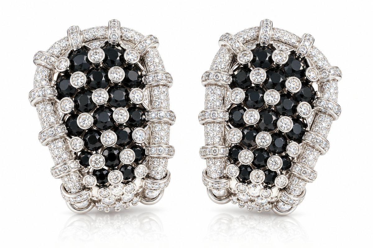 Estate 18K White Gold Black & White Diamond Statement Earrings, 9.20ctw