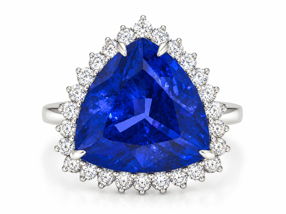 Estate 18K White Gold approx. 7.19ct Trillion Tanzanite & Diamond Halo Ring