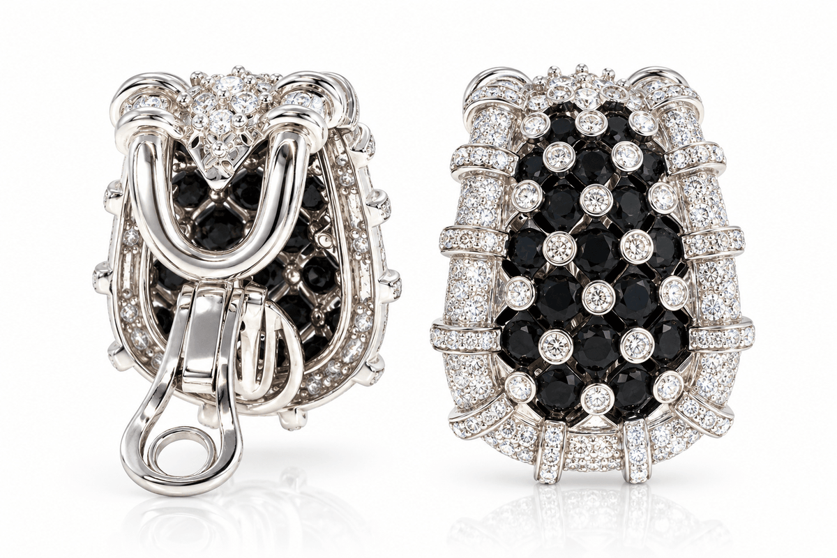 Estate 18K White Gold Black & White Diamond Statement Earrings, 9.20ctw