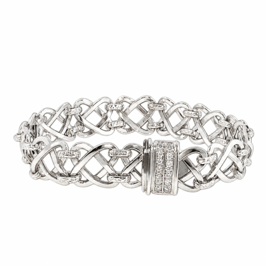 Vintage Italian 14K White Gold Interwoven Infinity Link Bracelet with Diamond Clasp 7.5"