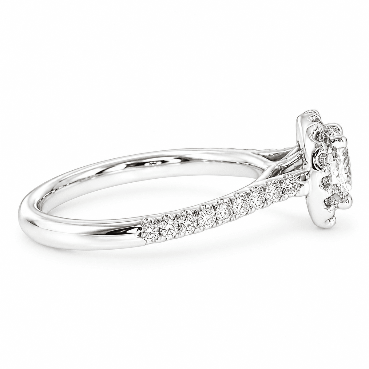 0.76ct G VS2 Natural True 8-Main Cushion Brilliant Diamond Kimberly Halo Engagement Ring in 18K Palladium White Gold