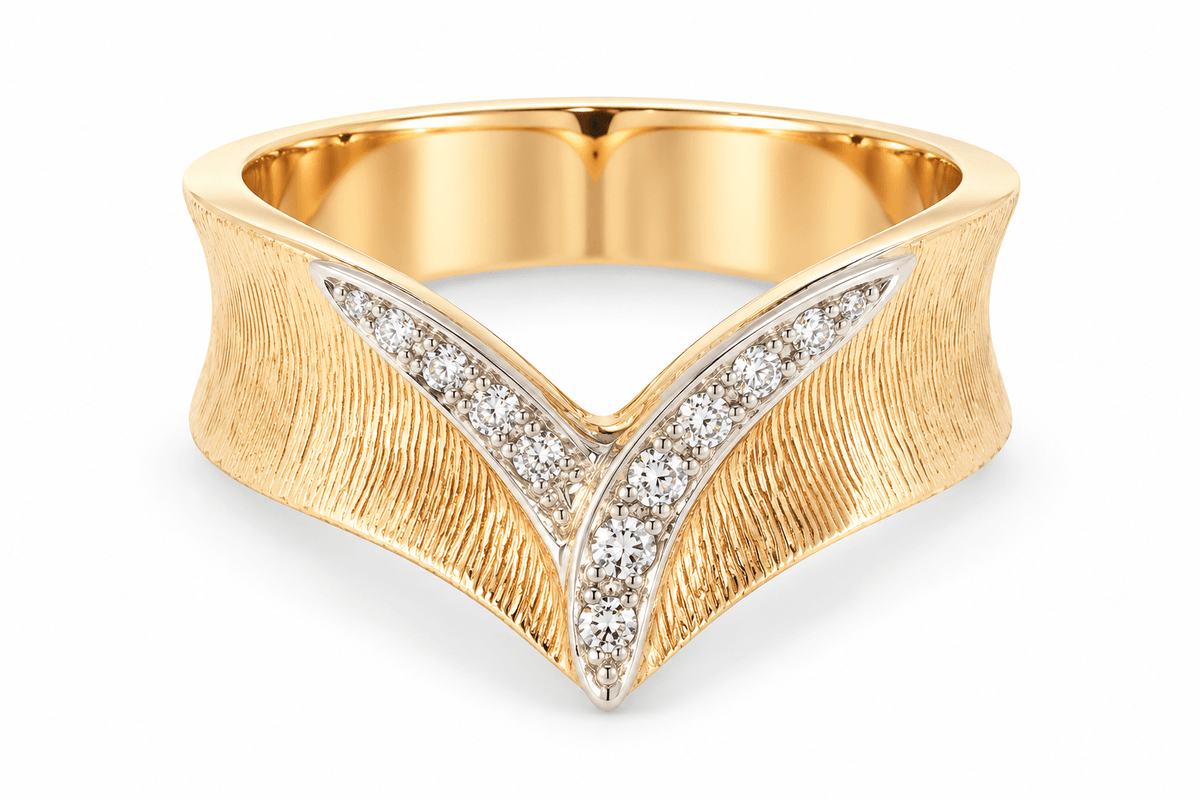 Vintage 14K Yellow Gold Florentine Chevron Diamond Statement Ring, 0.10ctw