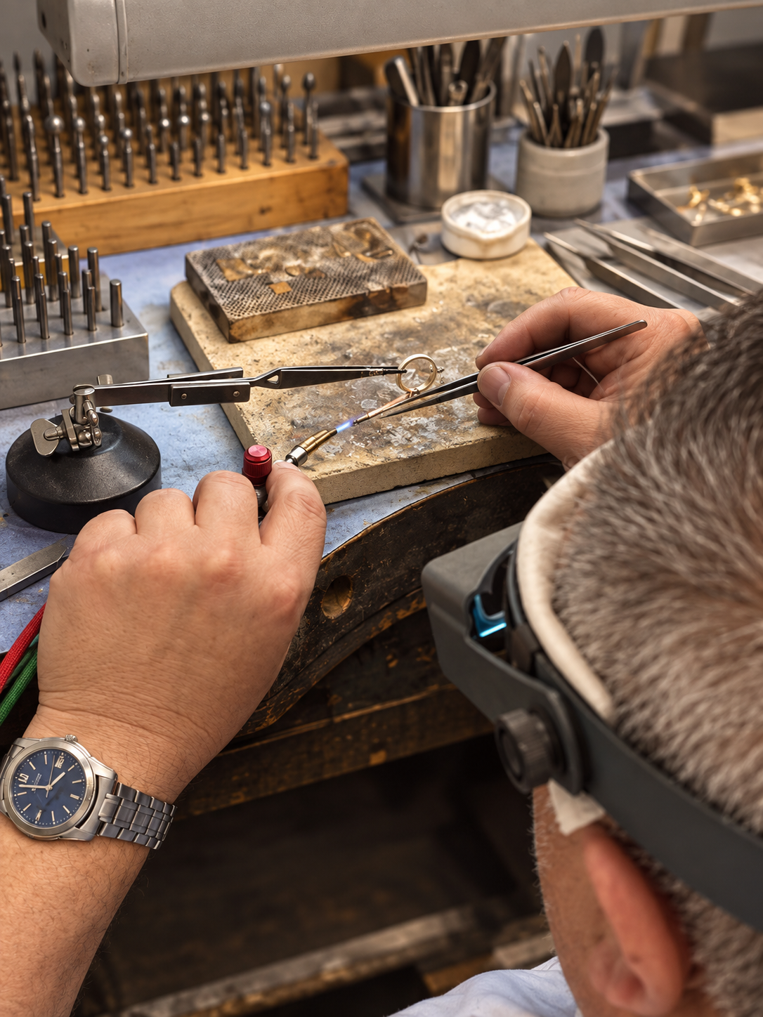 Jewelry being crafted at the Liberty Diamonds workbench
