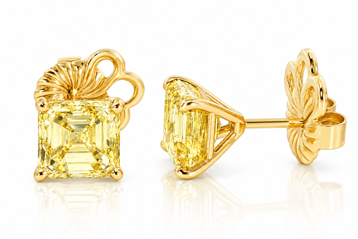 18KY 7.00 CTW Fancy Vivid/Intense Yellow Lab Grown Asscher Cut Diamond Stud Earrings | IGI Graded