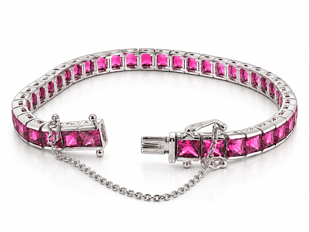 Estate 18K Stamped Gold Pink Simulated Gemstone Tennis Bracelet 7" Inch