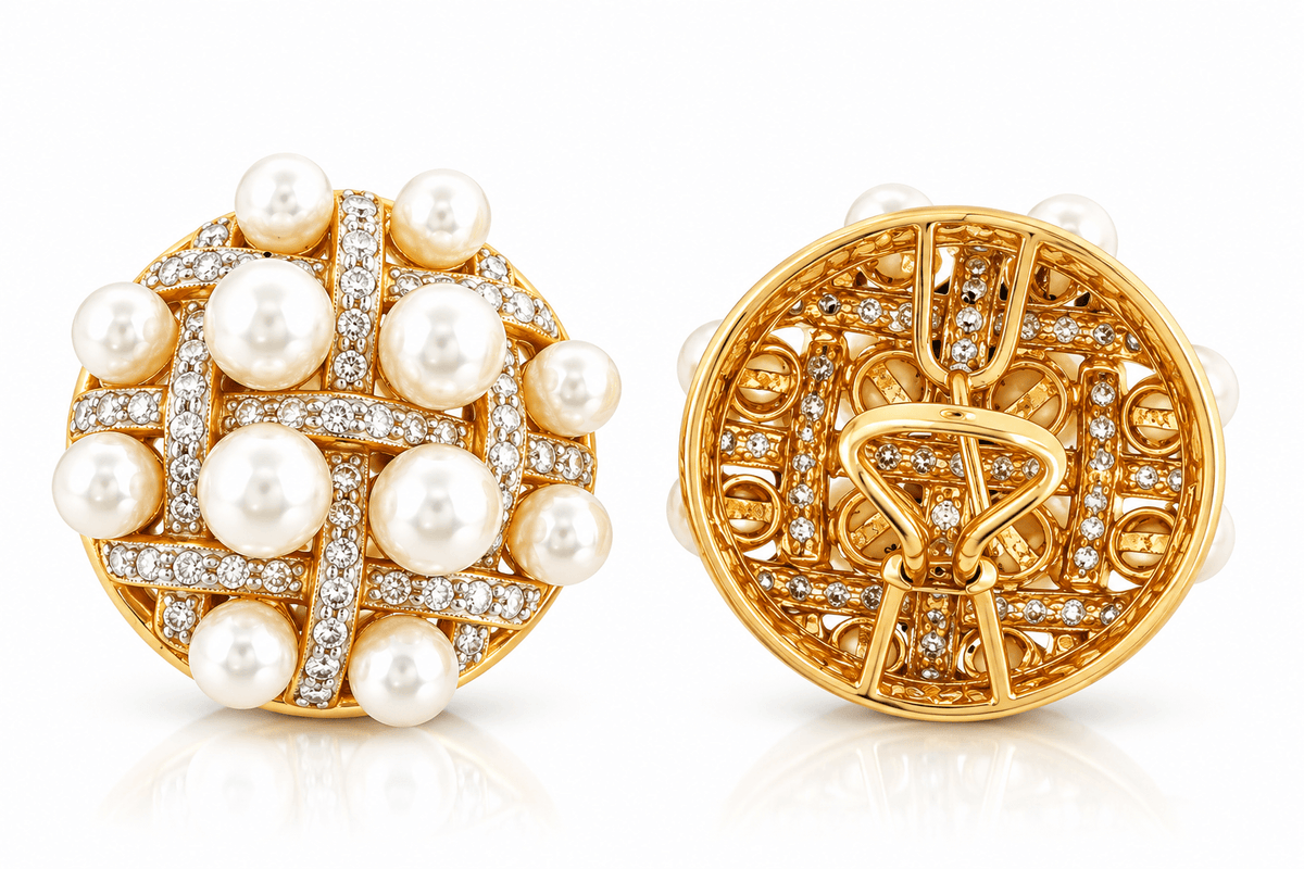 Estate 18K Yellow Gold Akoya Cultured Pearl & 5.40 CTW Diamond Clip Back Earrings | 30mm