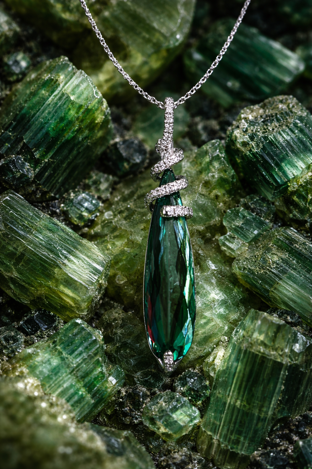 Tourmaline and diamond pendant, detail view