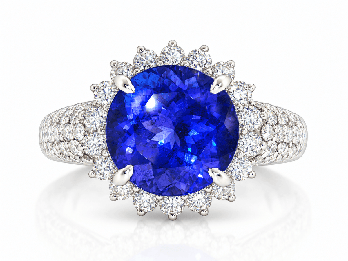 Estate 14KW 5.80ct Tanzanite & 1.07ctw Diamond Halo Statement Ring