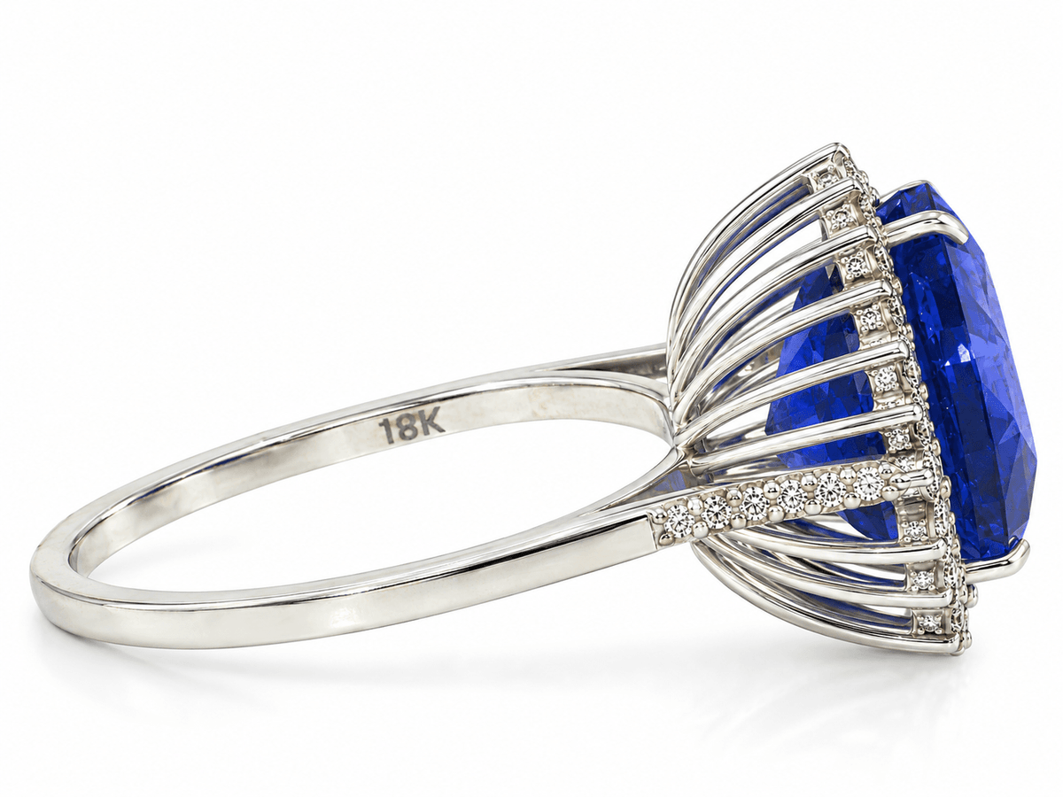 Estate 18K White Gold approx. 7.19ct Trillion Tanzanite & Diamond Halo Ring