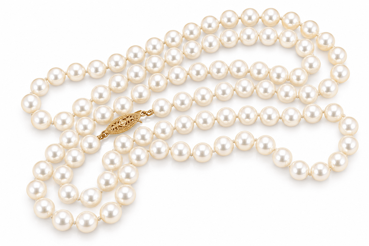 32" Opera Length AA Akoya Cultured Pearl Necklace, 7.5–8mm, with 14K Yellow Gold Clasp