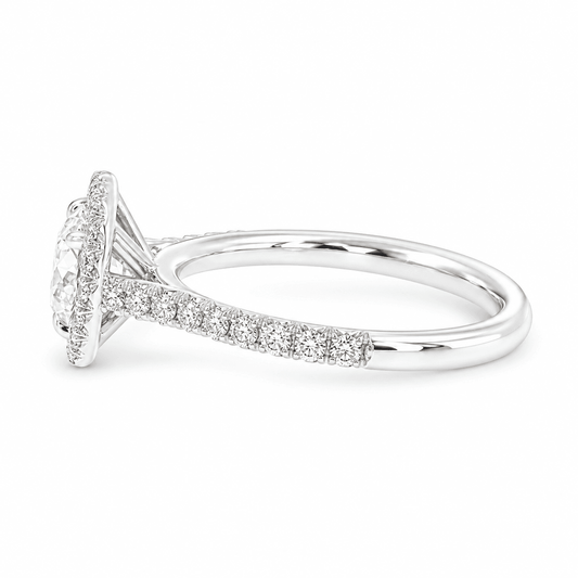 1.03ct H VS2 Natural True 8-Main Cushion Brilliant Diamond Hand-Made Halo Engagement Ring in 18K White Gold