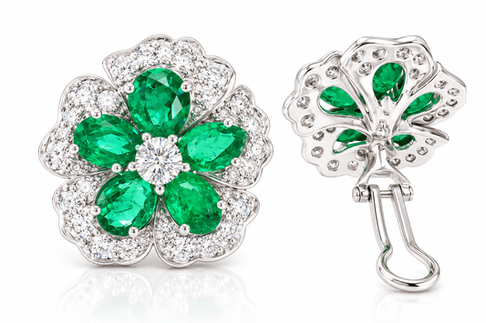Estate 18KW Emerald & Diamond Floral Earrings 10xEM 6.40ctw 62XDIA 4ctw