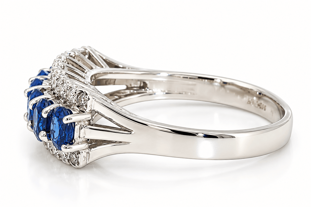 Estate 14K White Gold 1.54ctw Blue Sapphire & Diamond Three-Row Ring