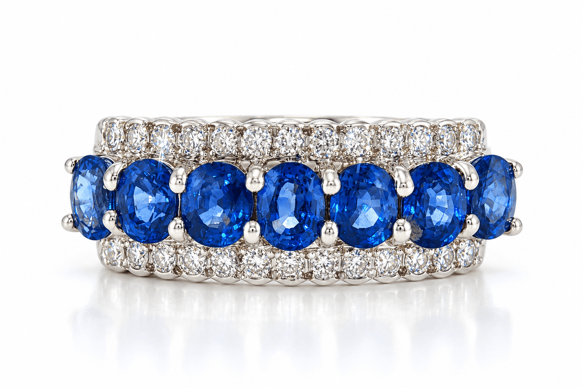 Estate 14K White Gold 1.54ctw Blue Sapphire & Diamond Three-Row Ring