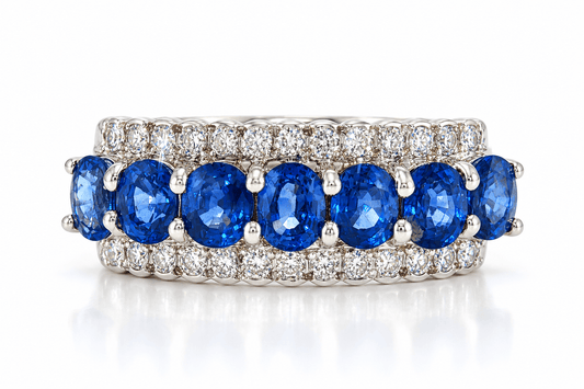 Estate 14K White Gold 1.54ctw Blue Sapphire & Diamond Three-Row Ring