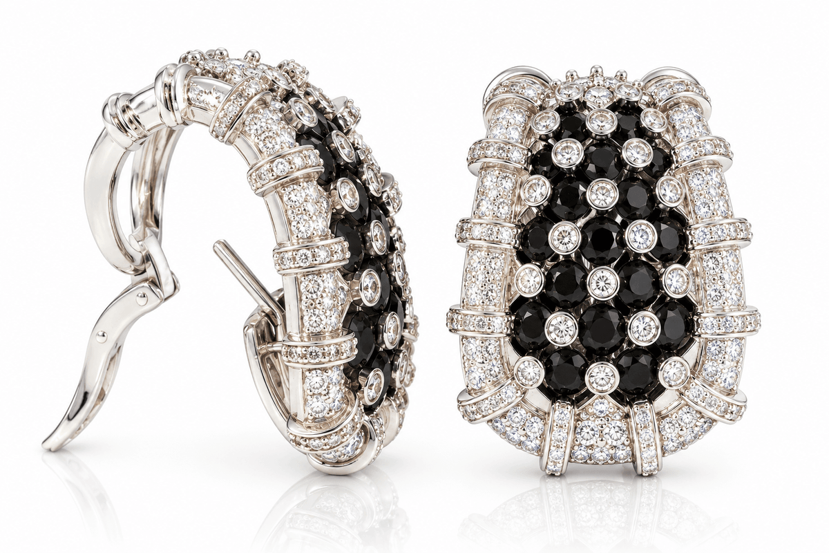 Estate 18K White Gold Black & White Diamond Statement Earrings, 9.20ctw