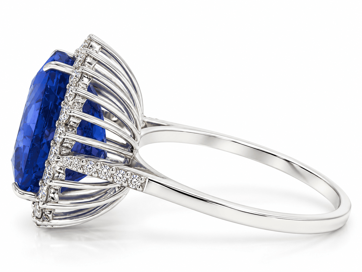 Estate 18K White Gold approx. 7.19ct Trillion Tanzanite & Diamond Halo Ring