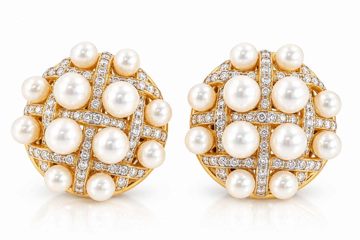 Estate 18K Yellow Gold Akoya Cultured Pearl & 5.40 CTW Diamond Clip Back Earrings | 30mm
