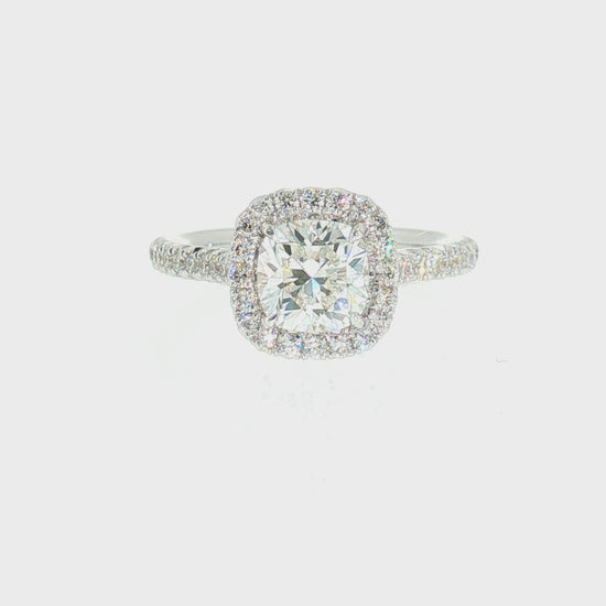 1.03ct H VS2 Natural True 8-Main Cushion Brilliant Diamond Hand-Made Halo Engagement Ring in 18K White Gold