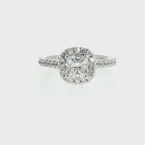 0.76ct G VS2 Natural True 8-Main Cushion Brilliant Diamond Kimberly Halo Engagement Ring in 18K Palladium White Gold
