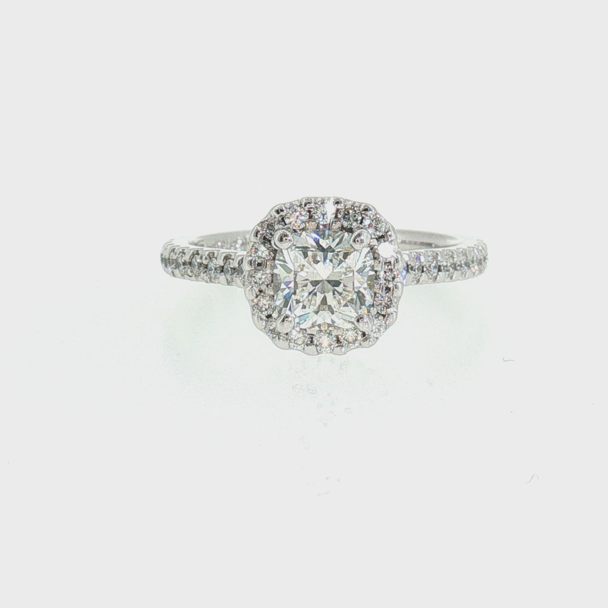 0.76ct G VS2 Natural True 8-Main Cushion Brilliant Diamond Kimberly Halo Engagement Ring in 18K Palladium White Gold