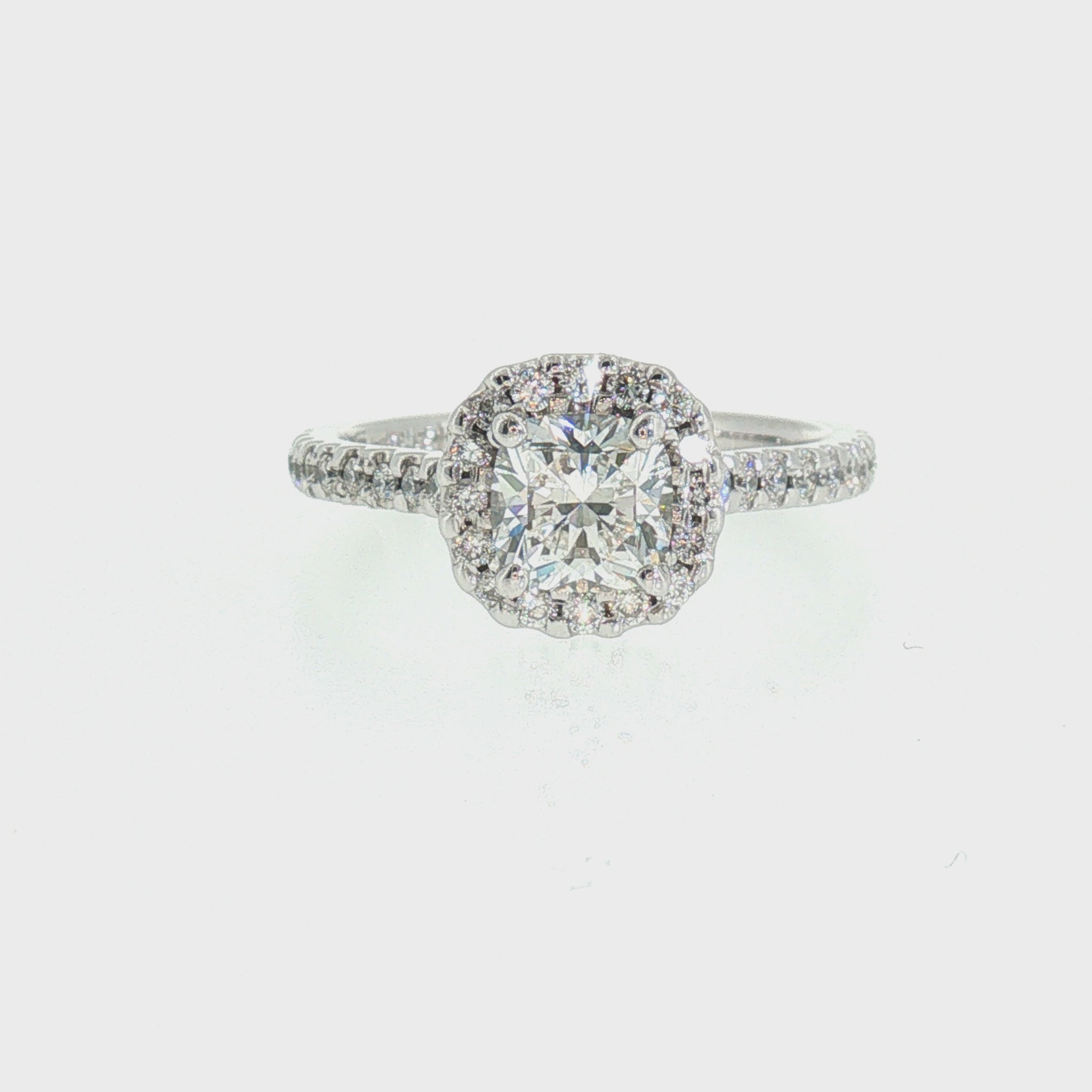 0.76ct G VS2 Natural True 8-Main Cushion Brilliant Diamond Kimberly Halo Engagement Ring in 18K Palladium White Gold