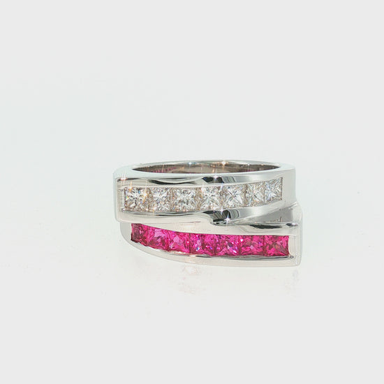Estate 18K White Gold Natural Pink Sapphire & Diamond Crossover Ring | 1.40 CTW