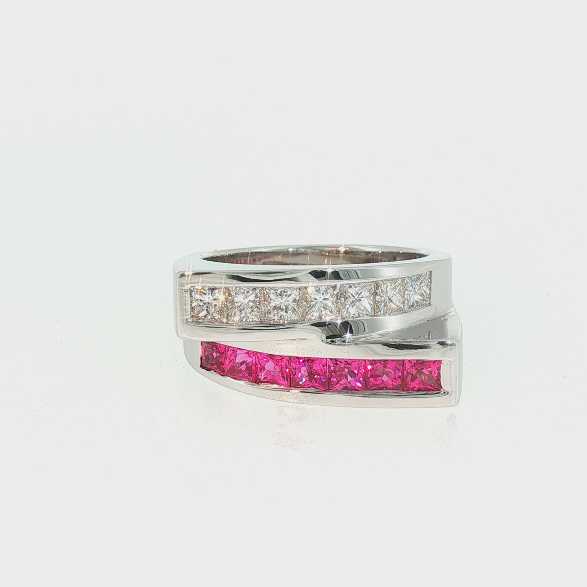 Estate 18K White Gold Natural Pink Sapphire & Diamond Crossover Ring | 1.40 CTW