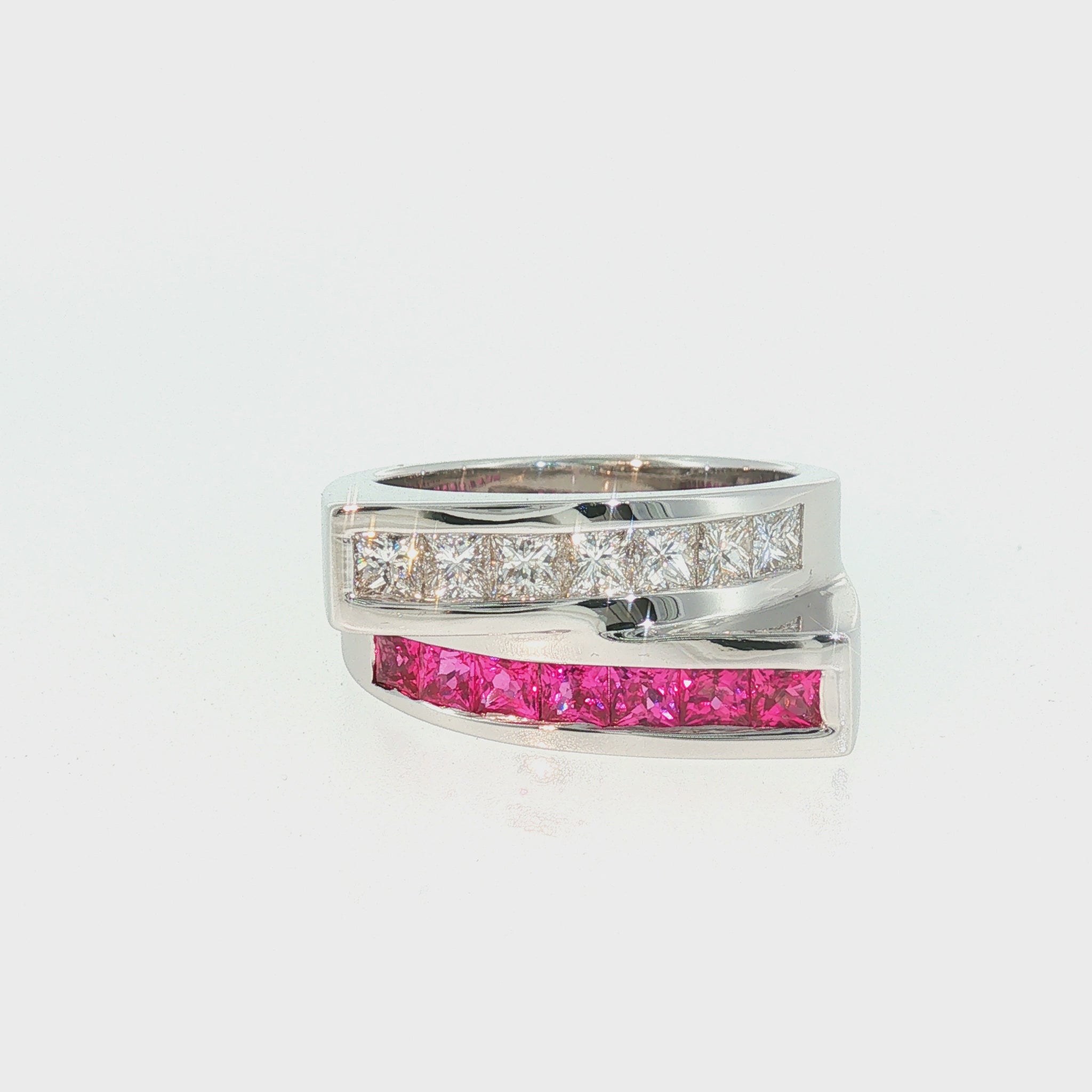 Estate 18K White Gold Natural Pink Sapphire & Diamond Crossover Ring | 1.40 CTW