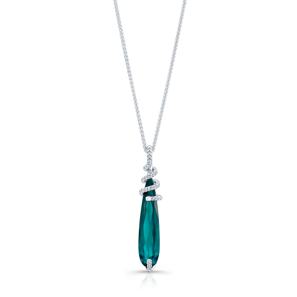 Award-winning tourmaline and diamond pendant in 18kt white gold