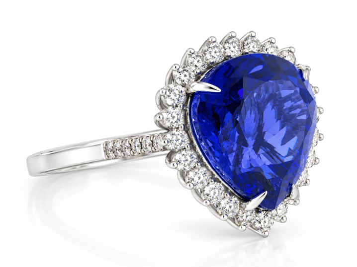 Estate 7.31 Carat Pear Shape Tanzanite & Diamond Halo Ring in 18K White Gold
